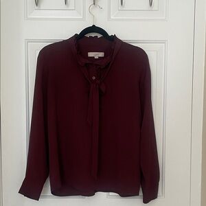LOFT Deep Burgundy Blouse with Tie Neck